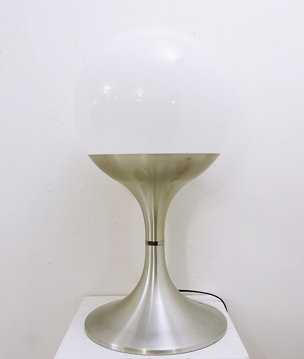 Wear consistent with age and use.  Glass opaline and Brushed aluminum Floor/table lamp